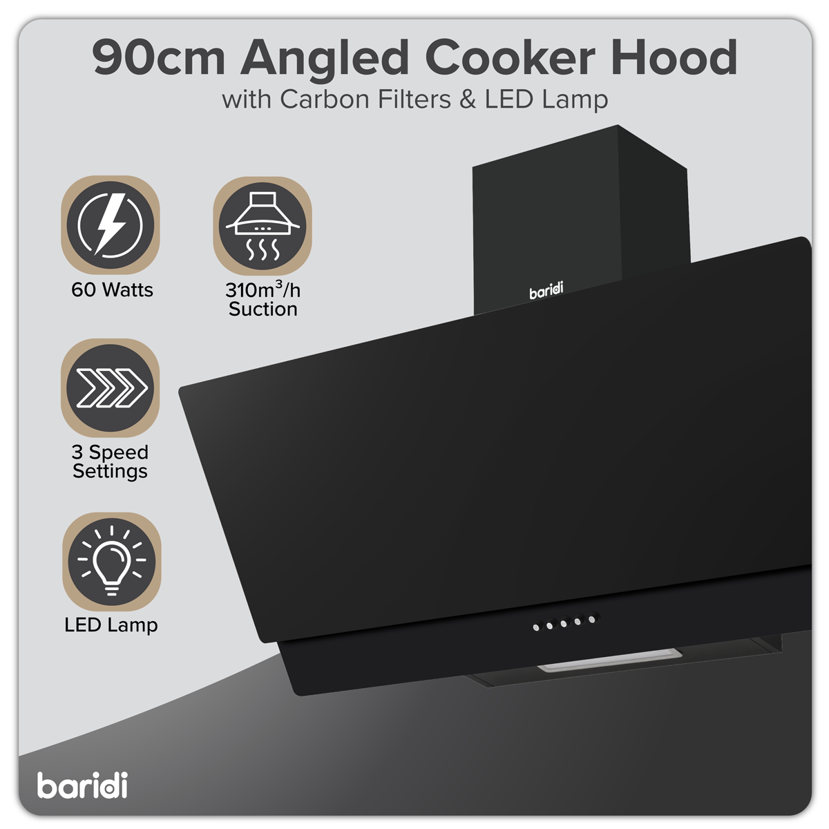 Baridi DH106 Angled Chimney Cooker Hood with Carbon Filters & LED Lamp 90cm, Energy Class A - Black Glass - additional view 5