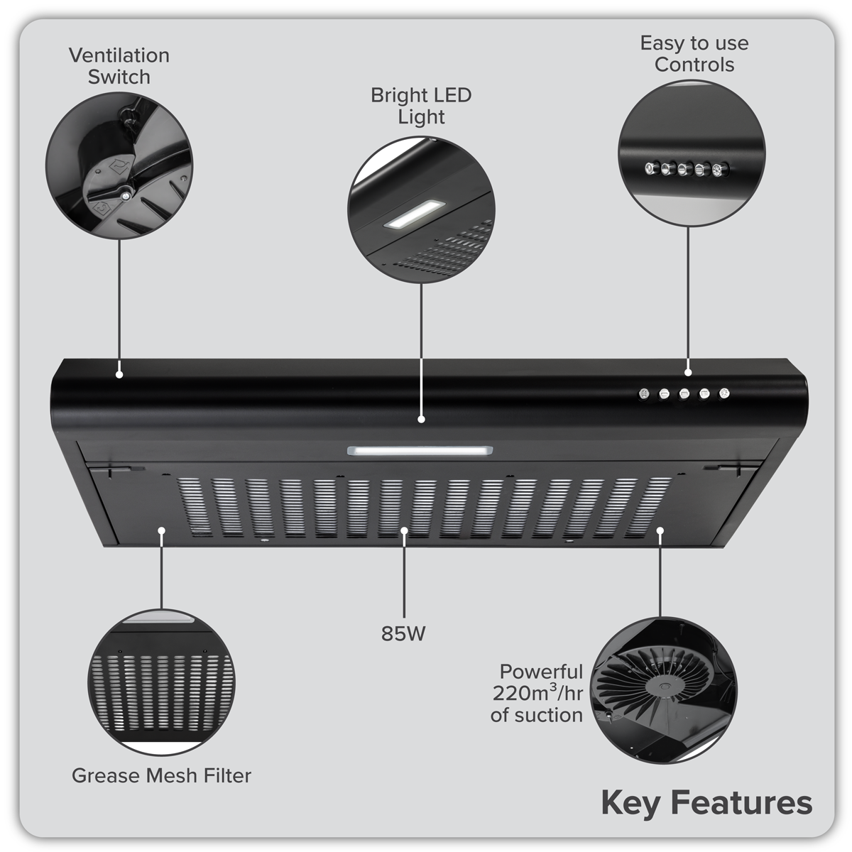 Baridi DH107 Visor Cooker Hood Extractor Fan 60cm - Black - additional view 11