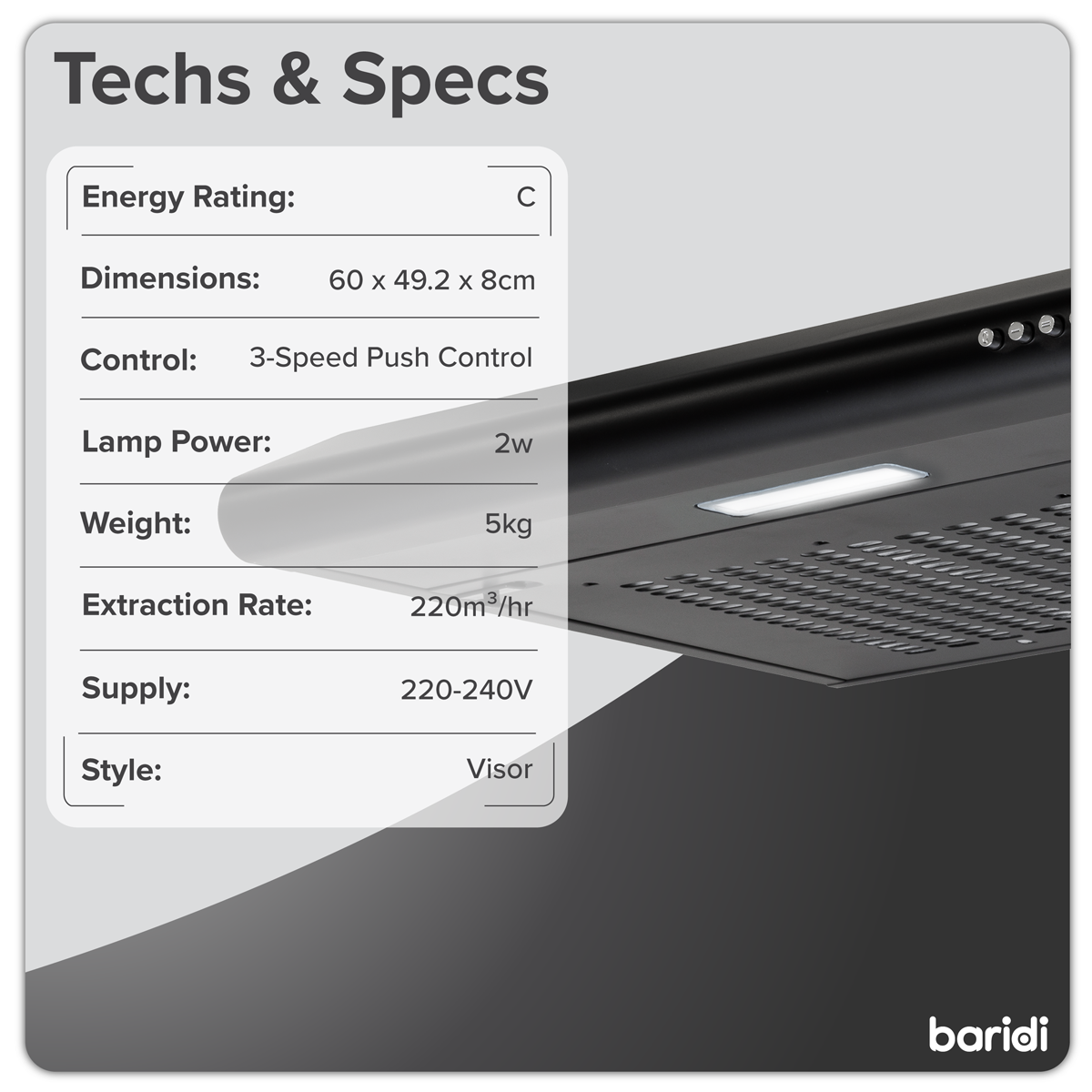 Baridi DH107 Visor Cooker Hood Extractor Fan 60cm - Black - additional view 10