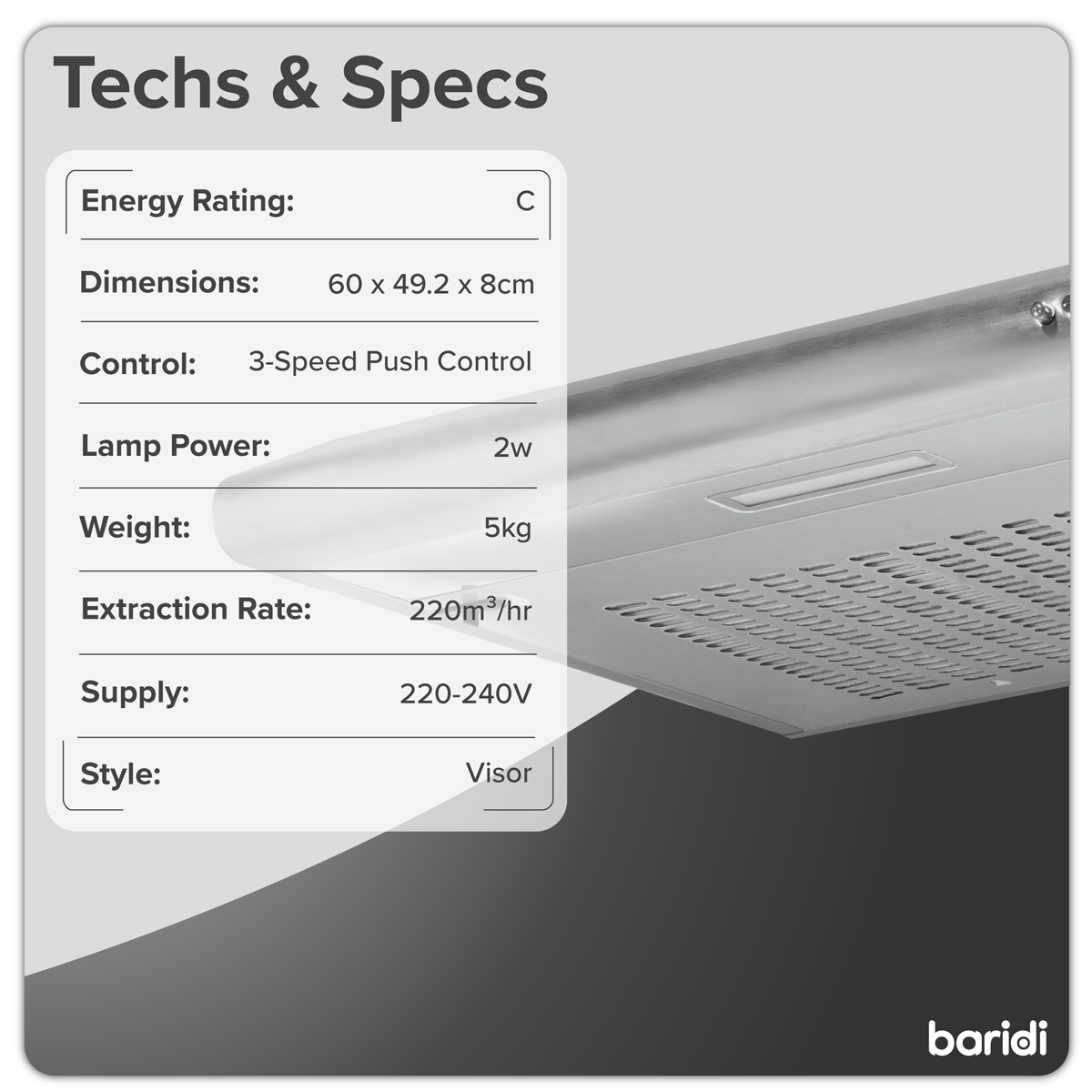 Baridi DH108 Visor Cooker Hood Extractor Fan 60cm - Stainless Steel - additional view 12