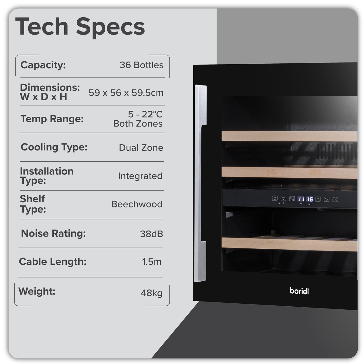 Baridi DH117 36 Bottle Built-In Wine Cooler with Beech Wood Shelves & LED Light - Black - additional view 16