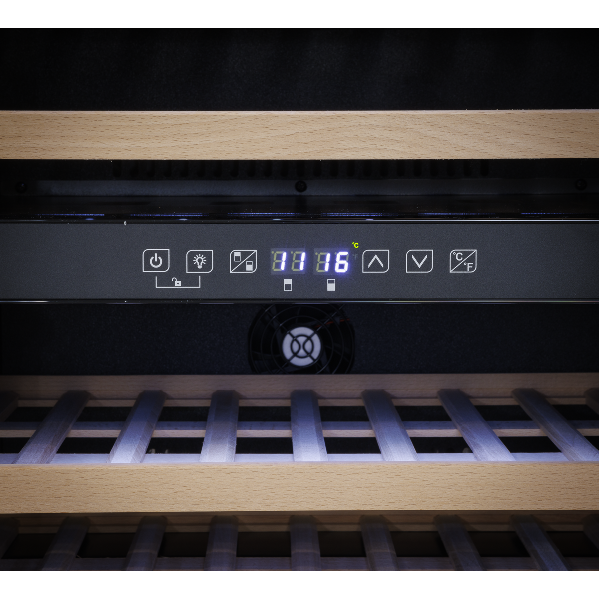 Baridi DH118 57 Bottle Built-In Dual Zone Wine Cooler with Beech Wood Shelves & LED Light - Black - additional view 8