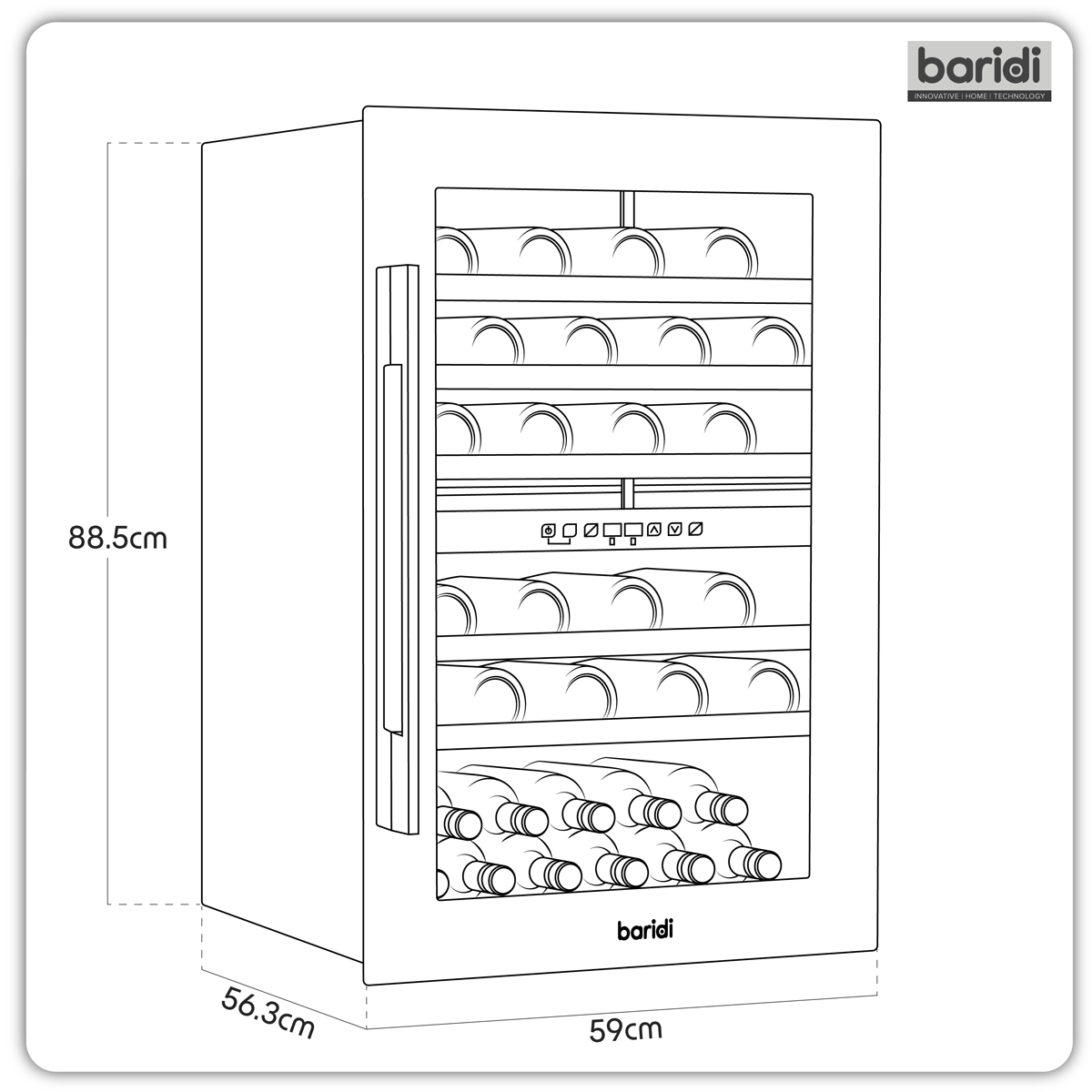 Baridi DH118 57 Bottle Built-In Dual Zone Wine Cooler with Beech Wood Shelves & LED Light - Black - additional view 10