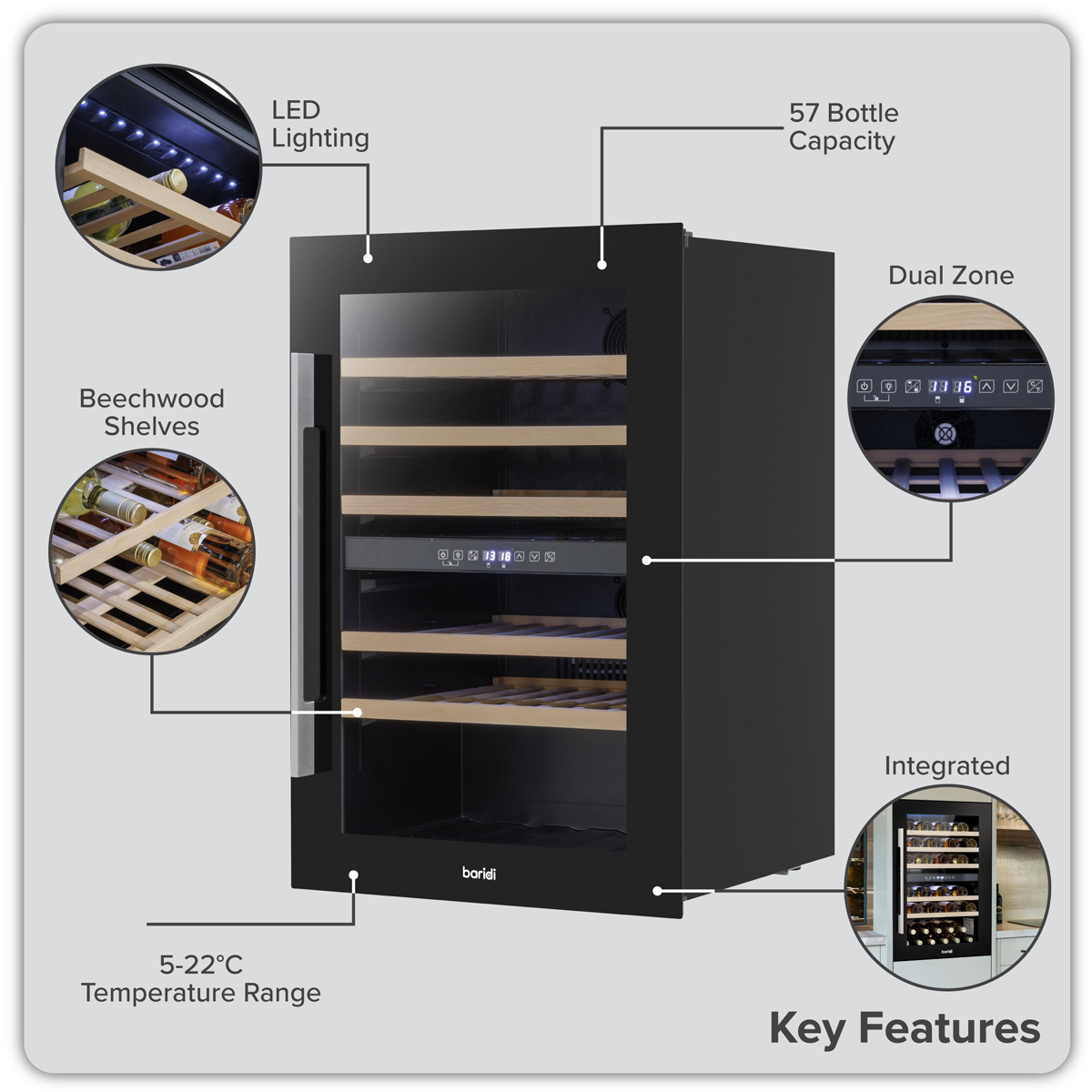 Baridi DH118 57 Bottle Built-In Dual Zone Wine Cooler with Beech Wood Shelves & LED Light - Black - additional view 6