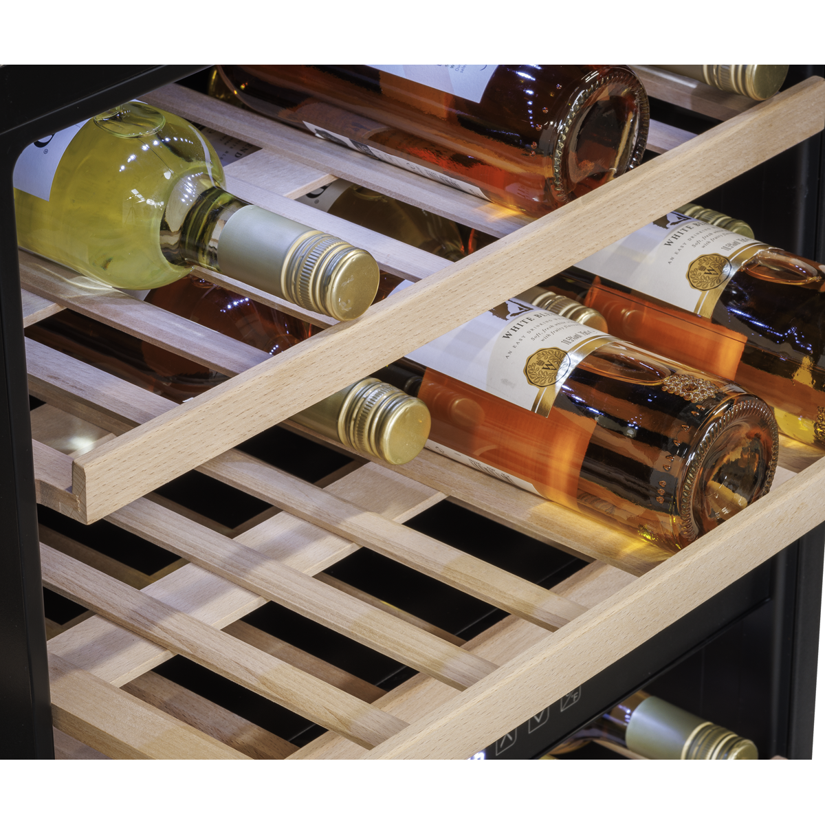 Baridi DH118 57 Bottle Built-In Dual Zone Wine Cooler with Beech Wood Shelves & LED Light - Black - additional view 14