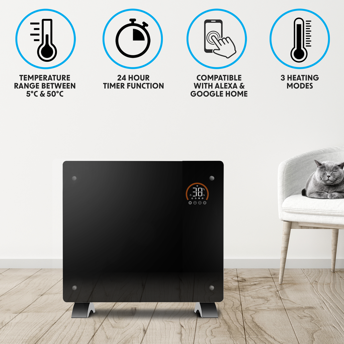Baridi DH135 Baridi, Electric Glass Panel Heater, 1000W, Wi-Fi Enabled, Black - DH135 - additional view 5