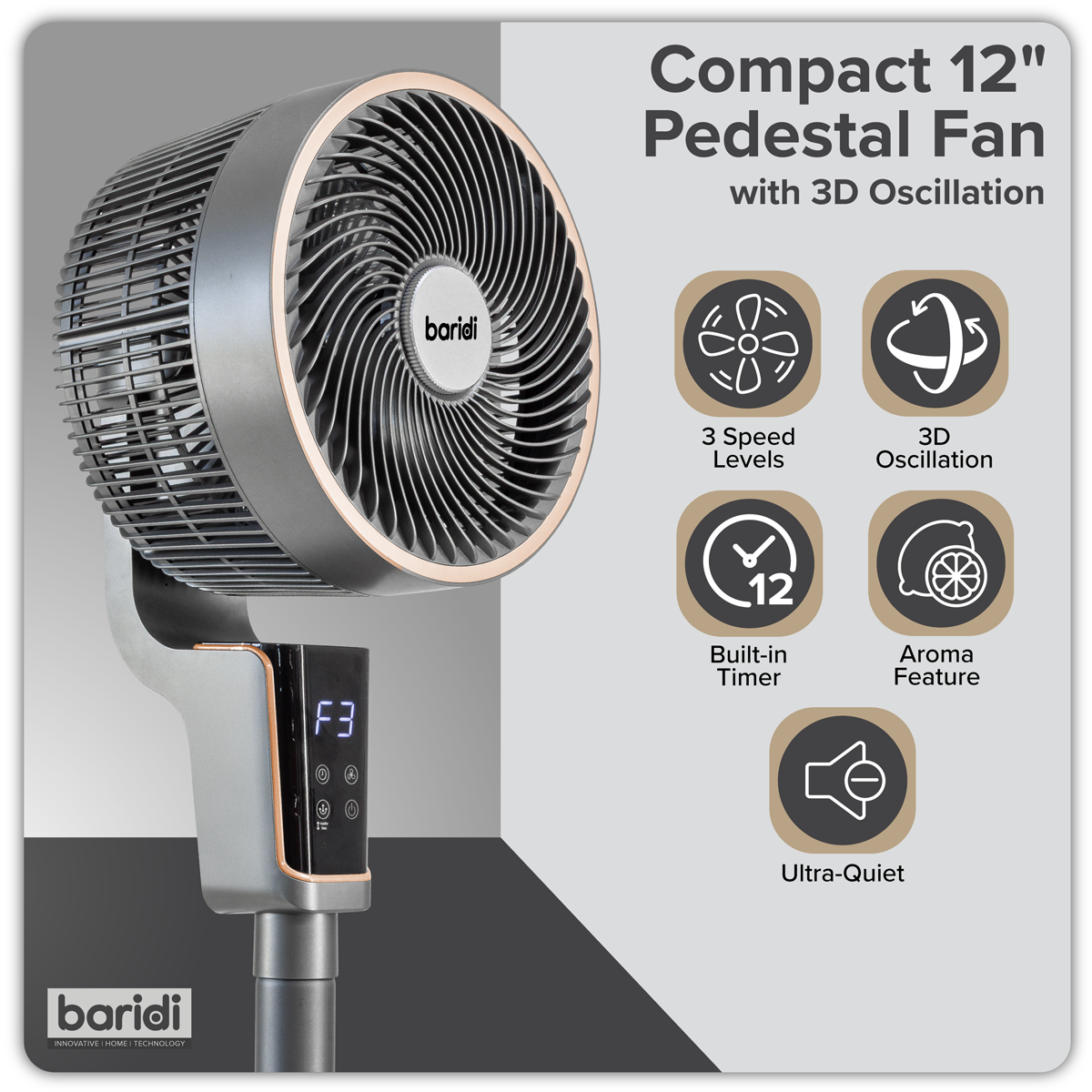 Baridi DH141 12" Pedestal Fan with Remote Control & 12hr Timer 230V - Grey - additional view 17