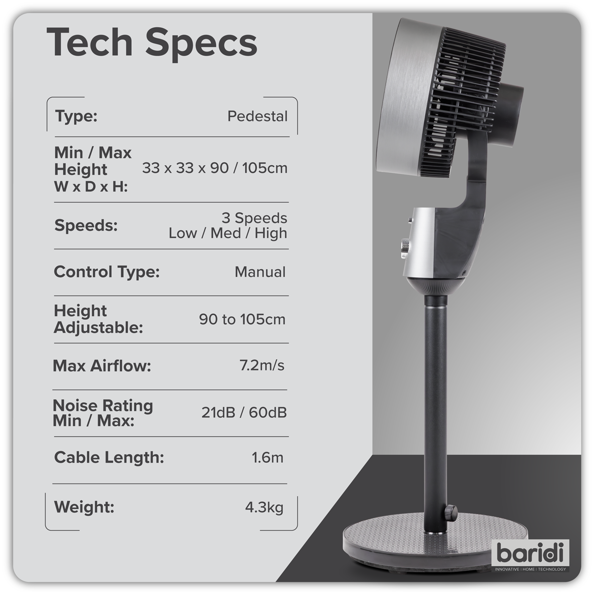 Baridi DH142 10" Pedestal Fan with Manual Control 230V - Grey - additional view 6
