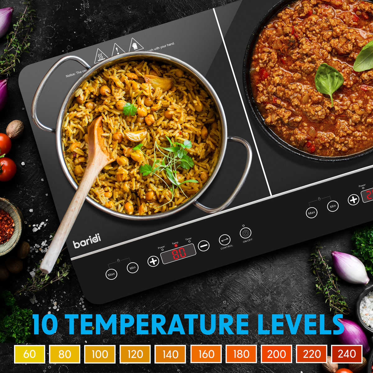 Baridi DH146 Portable Induction Hob with 2 Cooking Zones 60 x 36 x 6.5cm - Black - additional view 5