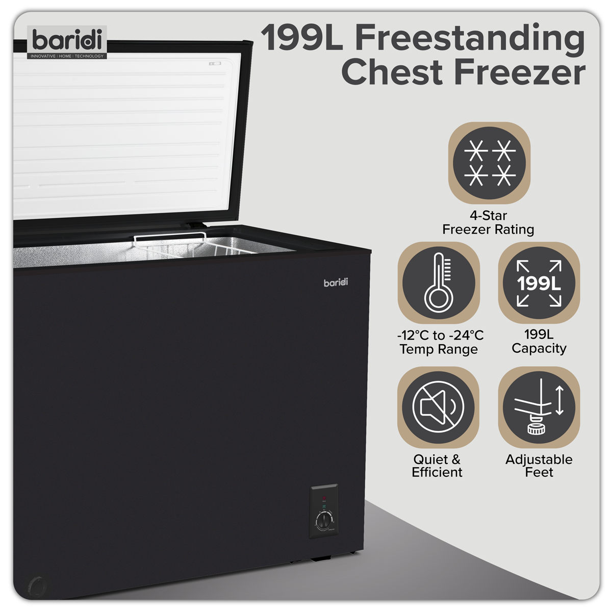 Baridi DH151 Freestanding Chest Freezer 199L Capacity - Black - additional view 16
