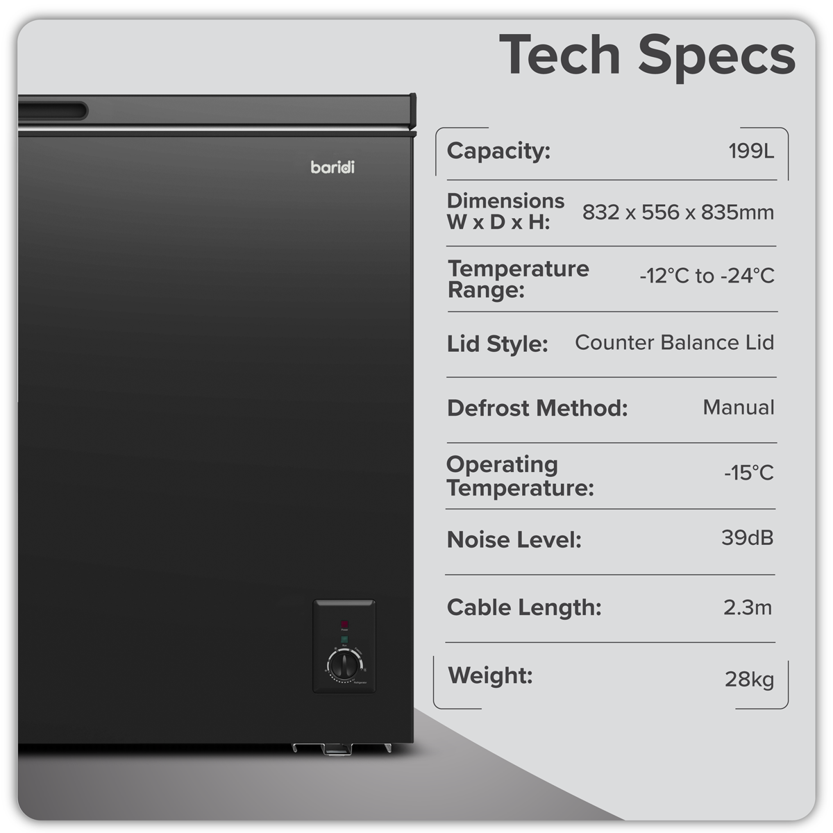 Baridi DH151 Freestanding Chest Freezer 199L Capacity - Black - additional view 13