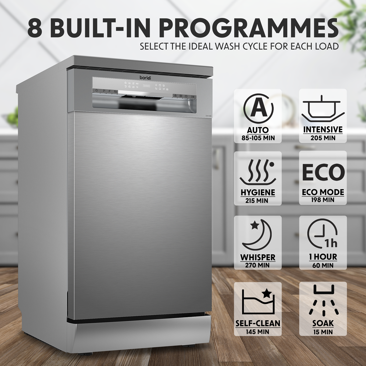 Baridi DH166 Slimline Freestanding Dishwasher 45cm Wide 10 Place Settings - Silver - additional view 15
