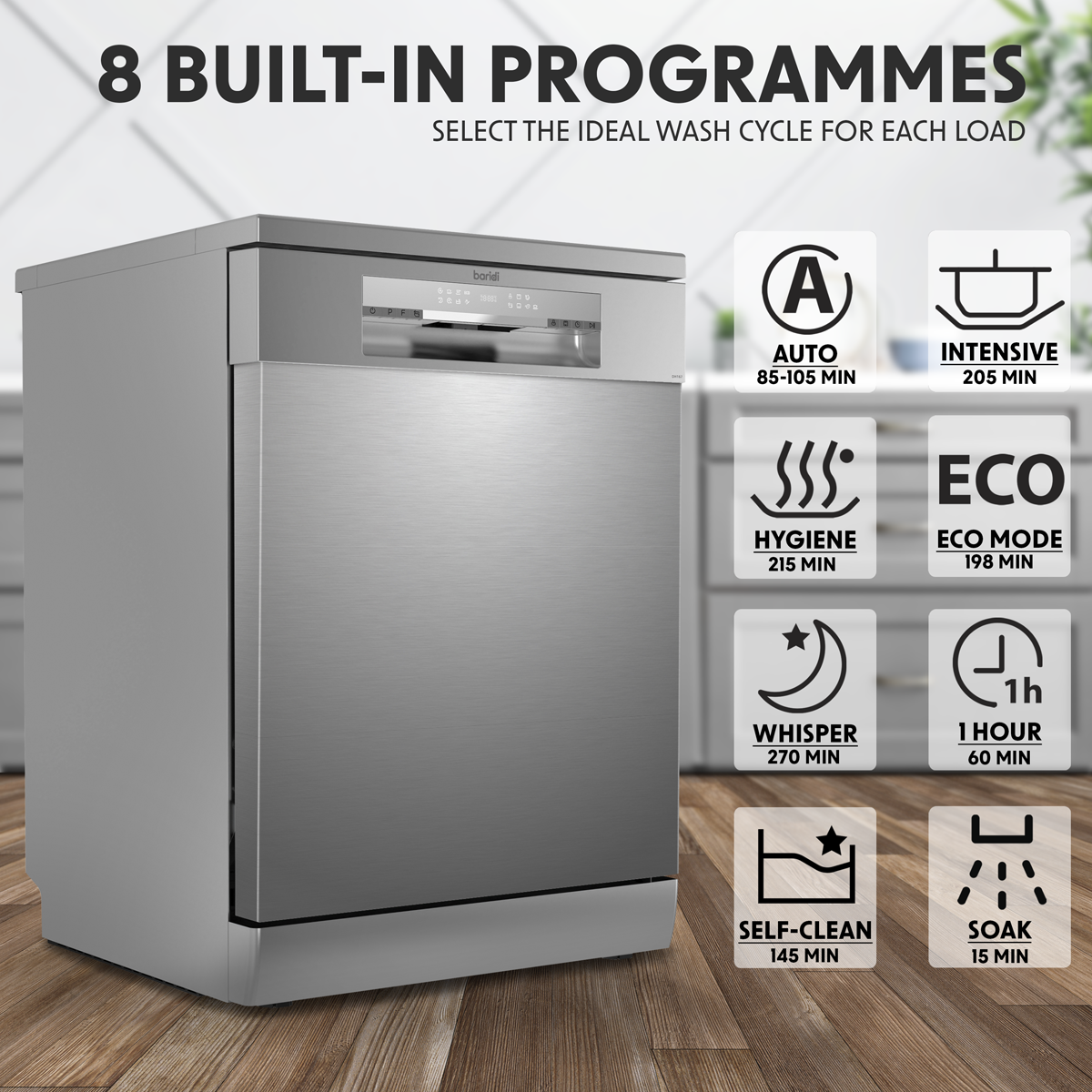 Baridi DH167 Regular Sized Freestanding Dishwasher 60cm Wide 14 Place Settings - Silver - additional view 9