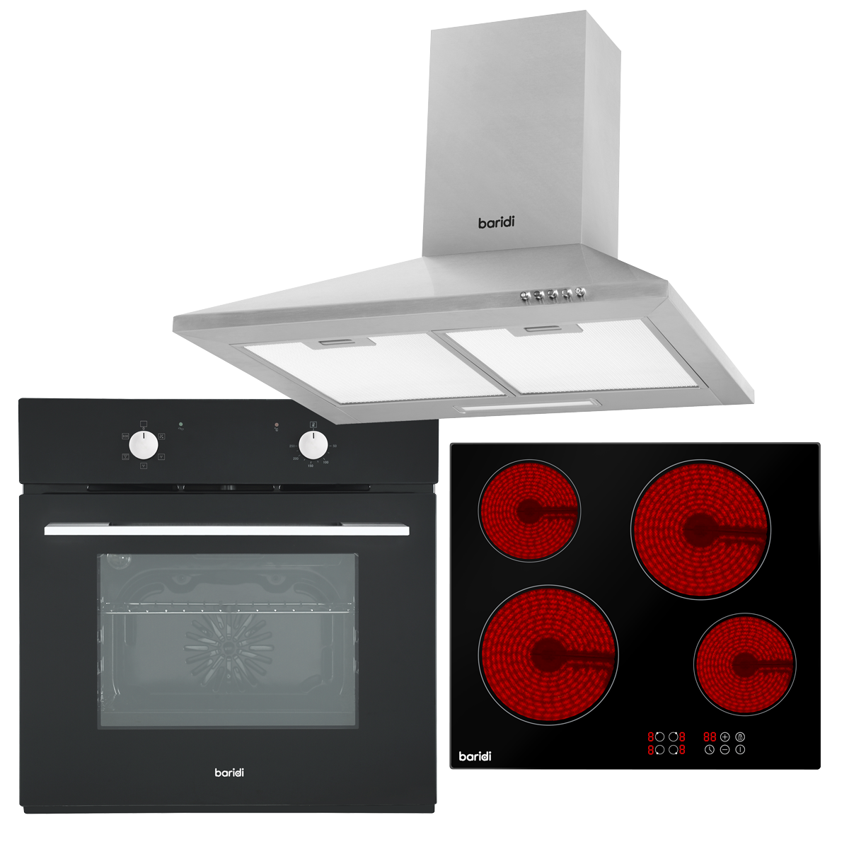 Baridi DH185 Integrated Ceramic Hob with 4 Cooking Zones, Integrated Fan-Assisted Electric Oven & Cooker Hood with Carbon