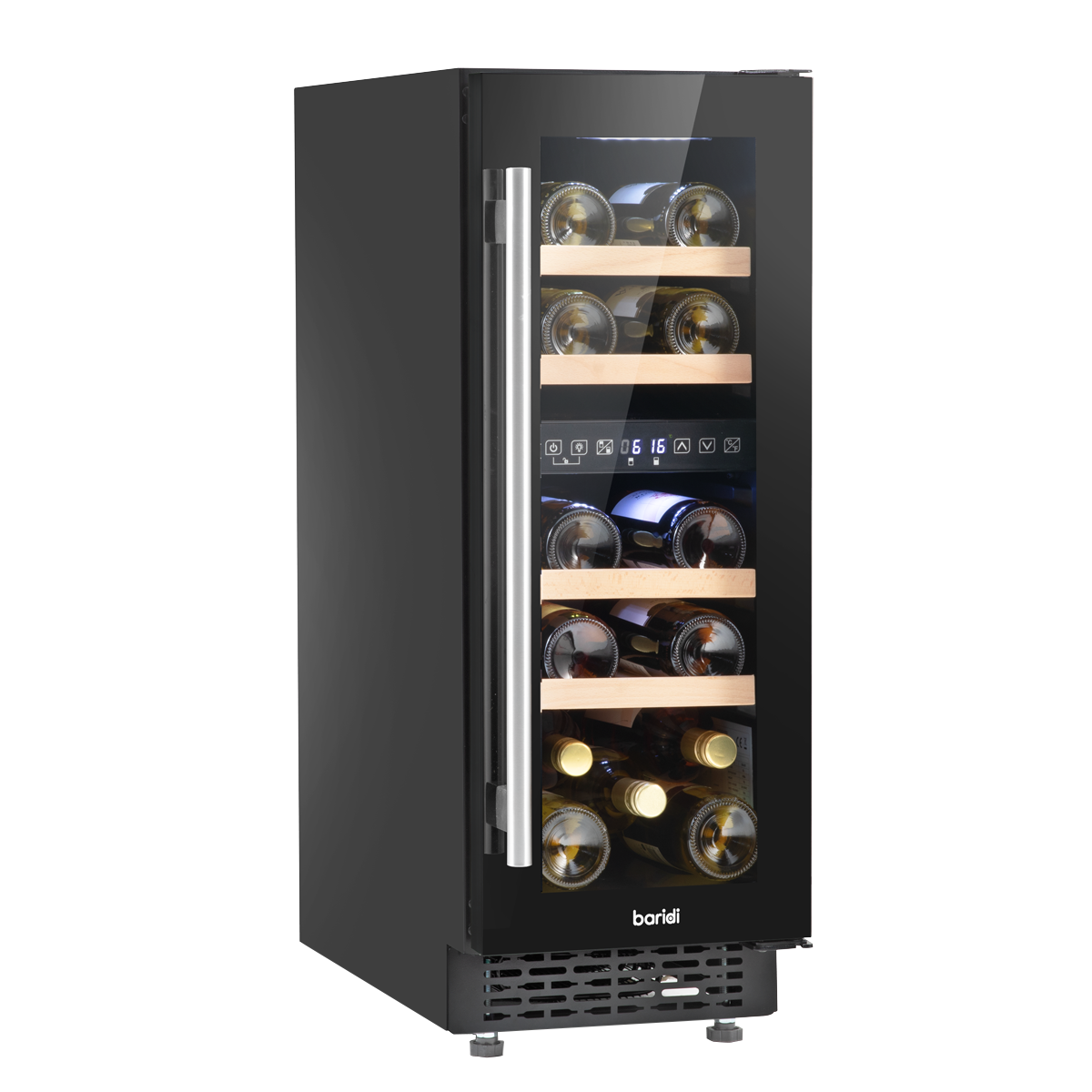 Baridi DH204 17 Bottle Dual Zone Slim Built-In 30cm Wine Cooler with Touch Screen Controls, Beech Wood Shelves & LED Light