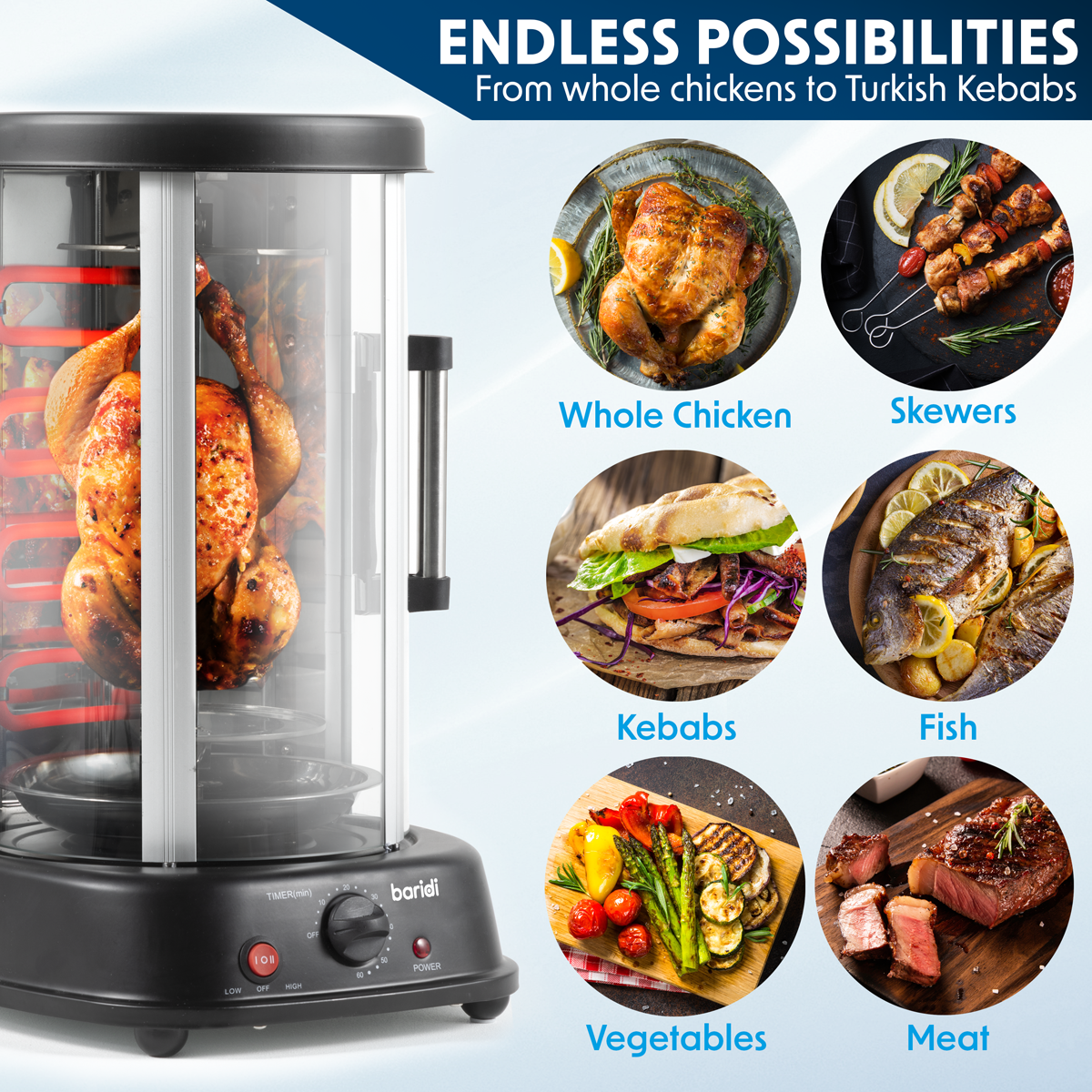 Baridi DH216 Vertical 360° Rotisserie Smokeless Grill 21L Capacity - additional view 16