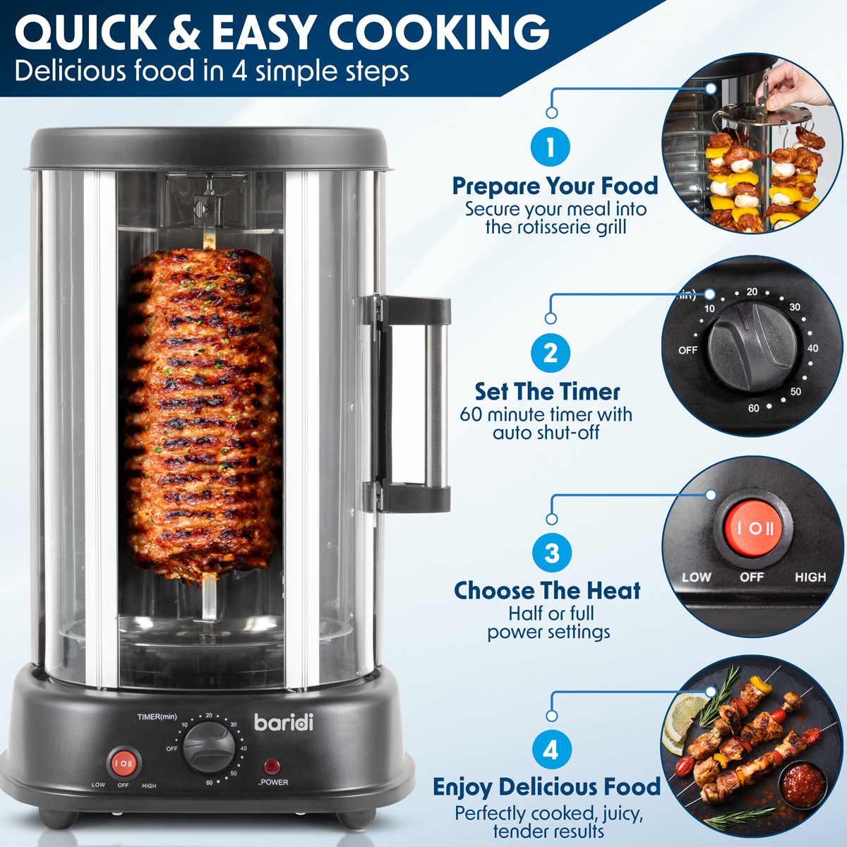 Baridi DH216 Vertical 360° Rotisserie Smokeless Grill 21L Capacity - additional view 7