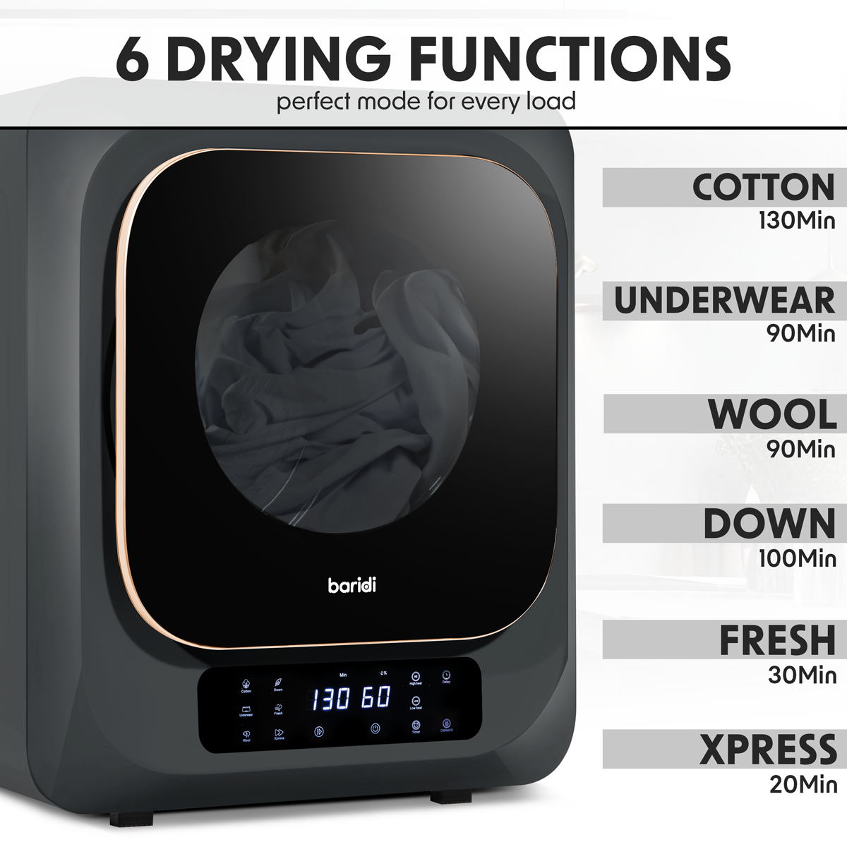 Baridi DH229 Tabletop Tumble Dryer with Digital Controls 2.5kg Capacity - Black - additional view 7
