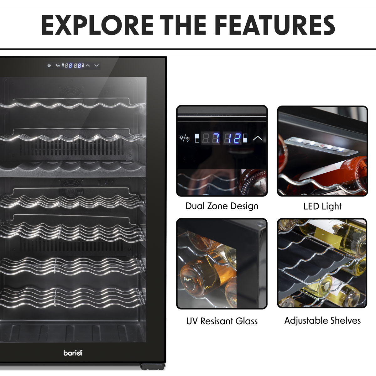 Baridi DH236 52 Bottle Dual Zone Wine Fridge with Digital Touch Screen Controls, Wire Shelves & LED Light - additional view 3