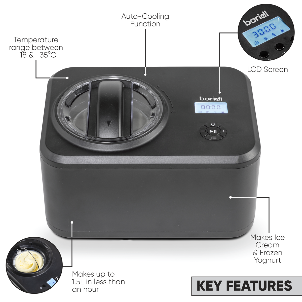 Baridi DH240 Automatic Churning Ice Cream Machine 1.5L - Black - additional view 16