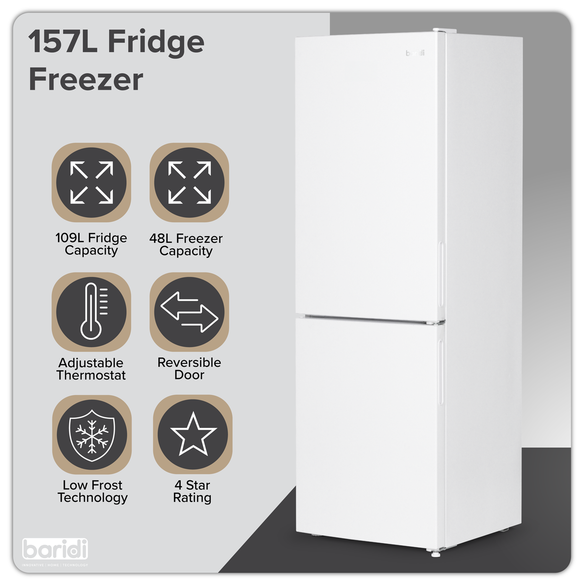 Baridi DH252 60/40 Low Frost Fridge Freezer 157L Capacity - White - additional view 18