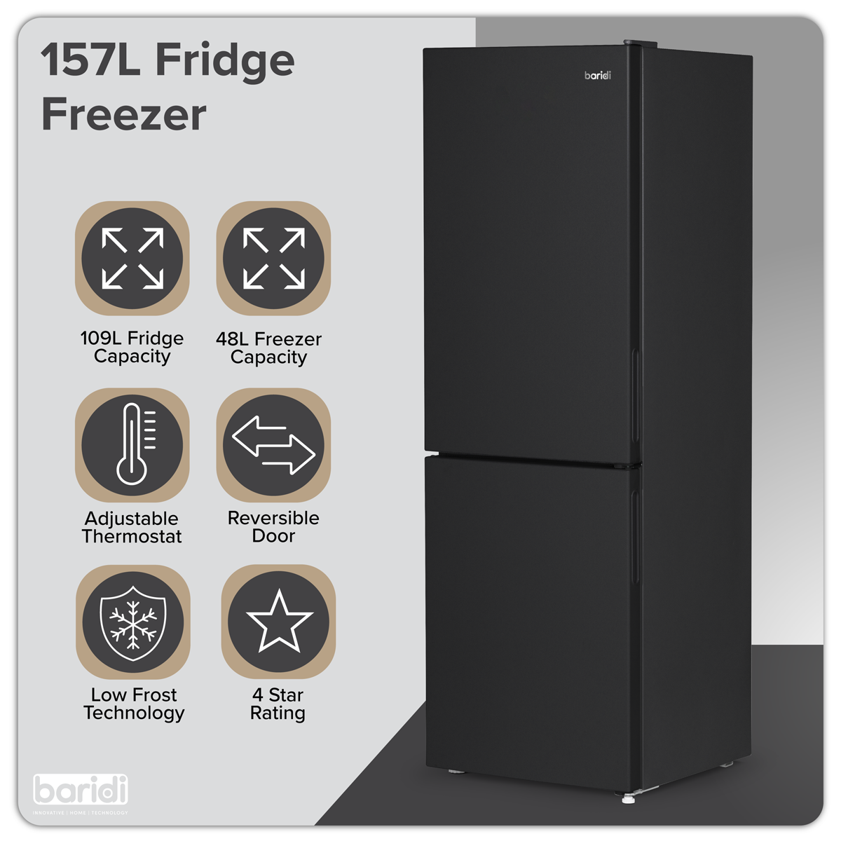 Baridi DH253 47cm 60/40 Fridge Freezer, 157L Capacity Low Frost - additional view 8