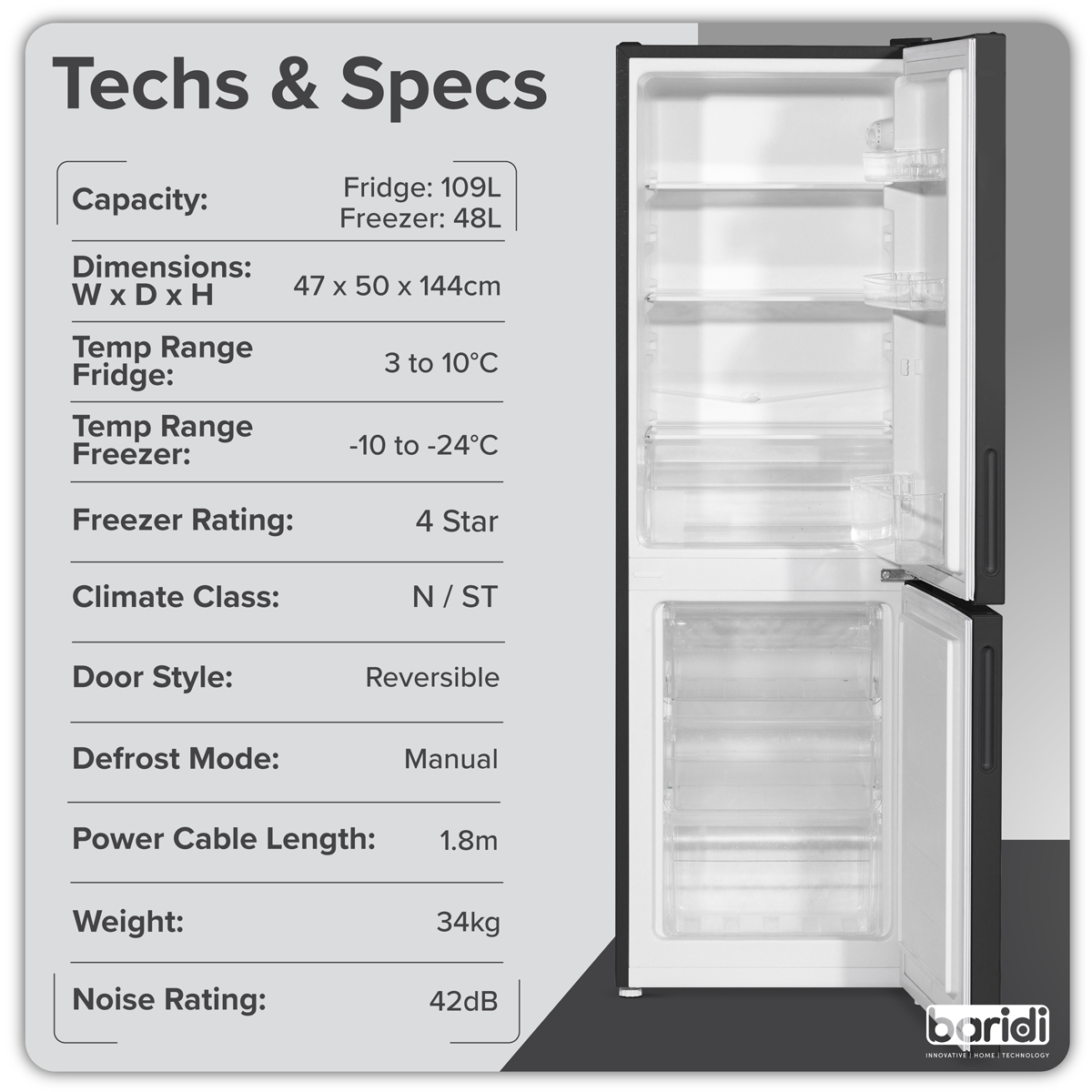 Baridi DH253 47cm 60/40 Fridge Freezer, 157L Capacity Low Frost - additional view 9