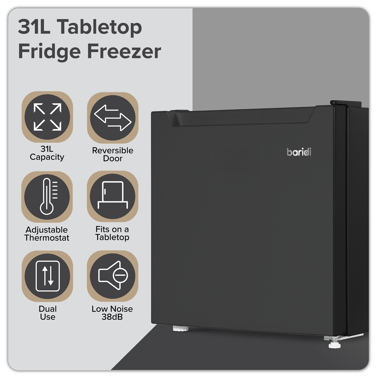 Baridi DH255 Mini Tabletop Fridge/Freezer, 31L Capacity - Black - additional view 19