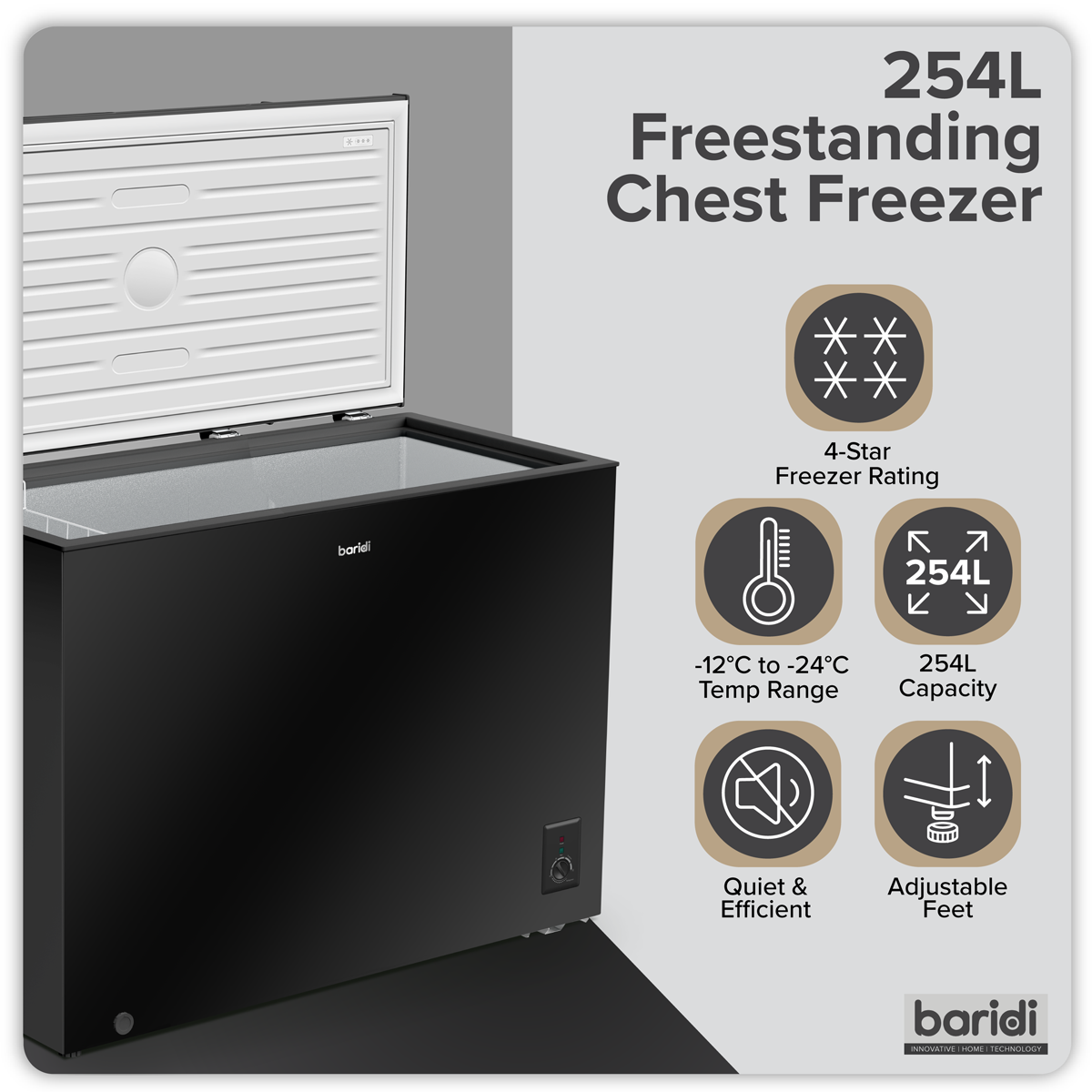 Baridi DH259 Freestanding Chest Freezer 254L Capacity - Black - additional view 4