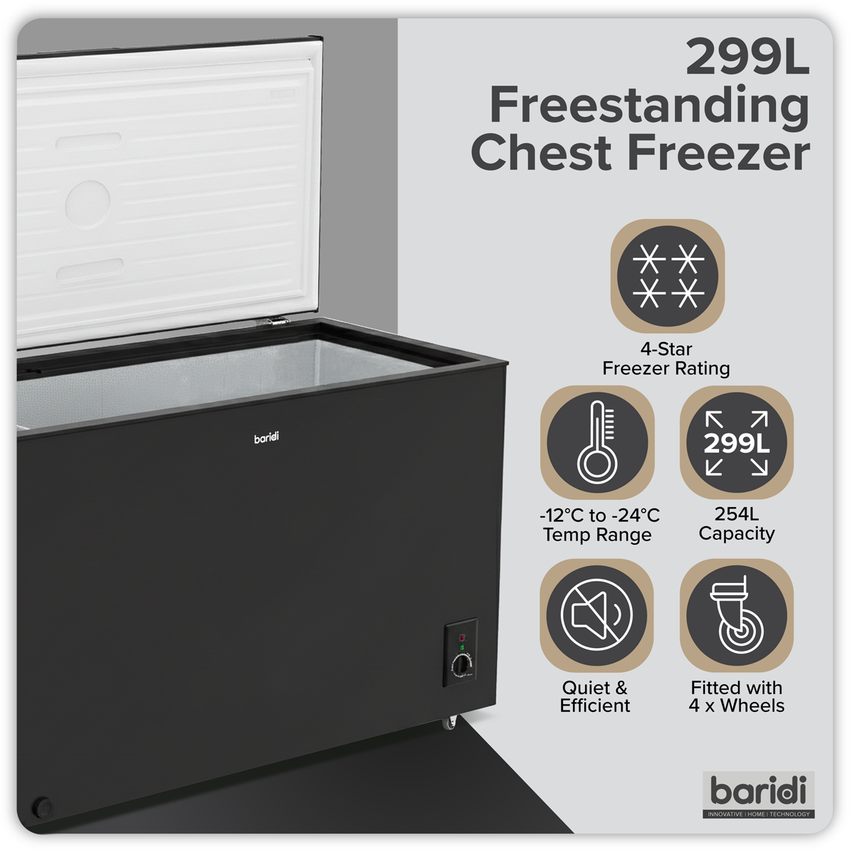 Baridi DH261 Freestanding Chest Freezer 299L Capacity - Black - additional view 6