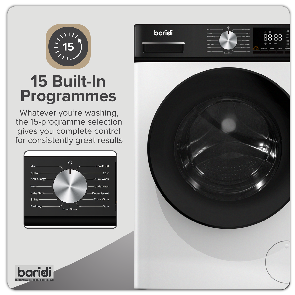Baridi DH262 8kg Washing Machine, Front Loading, 1400rpm Energy Rating A - White - additional view 3