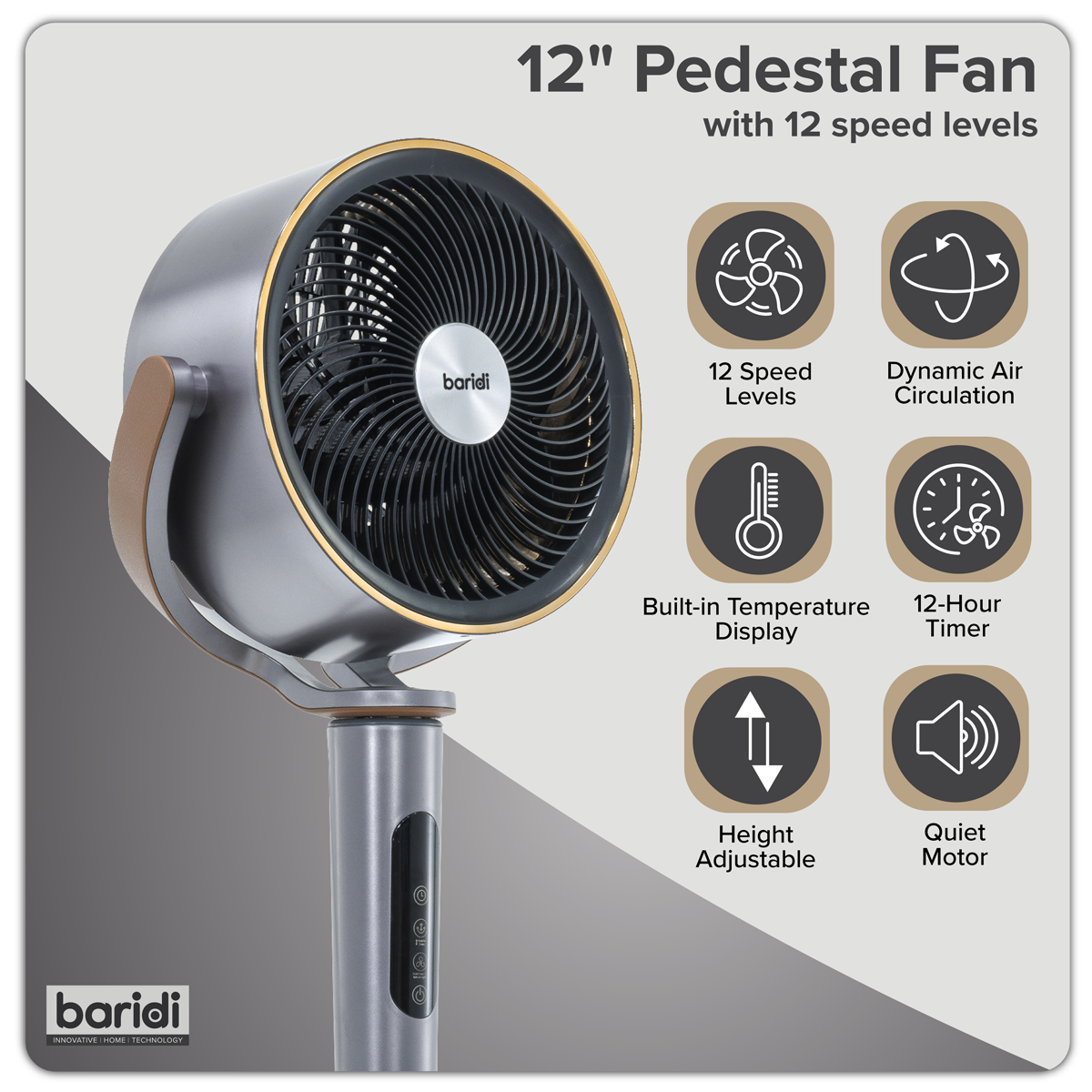 Baridi DH264 12" Pedestal Fan with Remote Control, Back Light & 12hr Timer - Grey - additional view 18