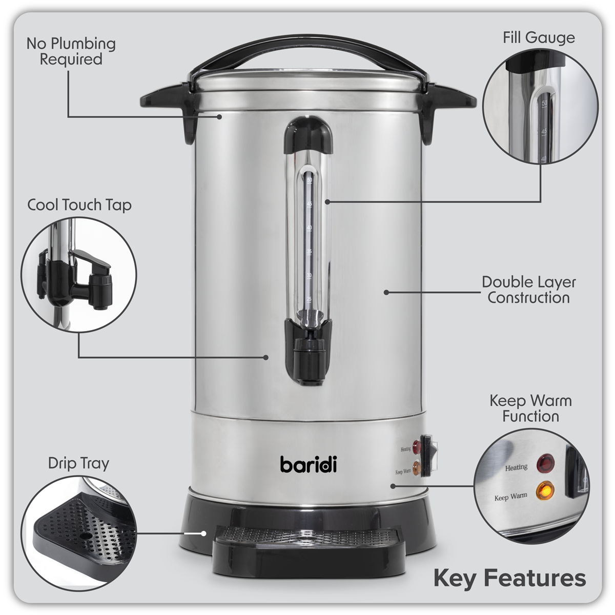 Baridi DH269 Hot Water Boiler/Tea Urn 10L Capacity, Stainless Steel - additional view 18