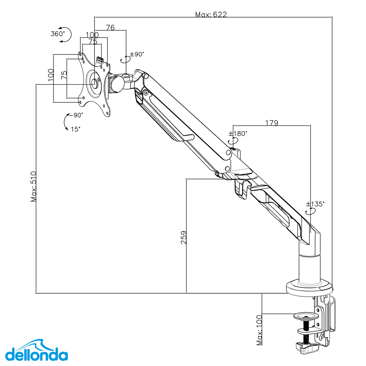 Dellonda DH26 Adjustable Single Monitor Arm with 360° Rotation - White - additional view 10