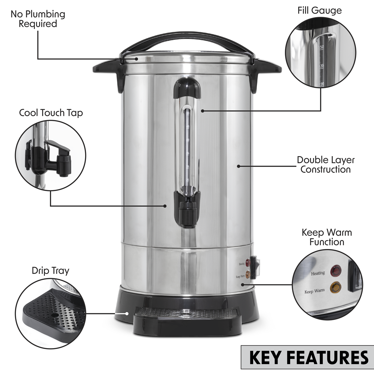 Baridi DH270 Hot Water Boiler, Tea Urn, 20L Capacity, Stainless Steel - additional view 18
