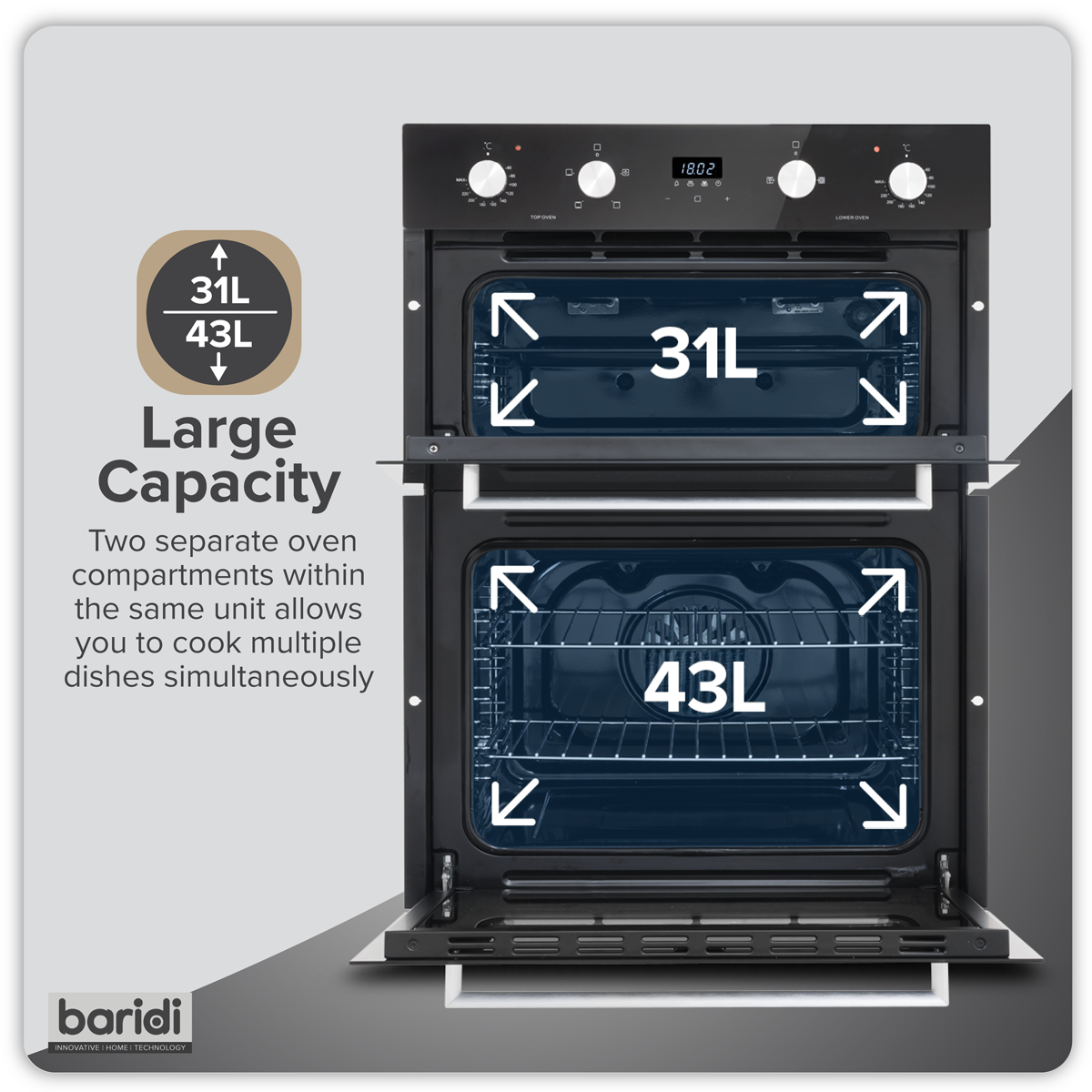 Baridi DH278 72cm Built-Under Double Oven, 74L Capacity, Energy Rating A - Black - additional view 12