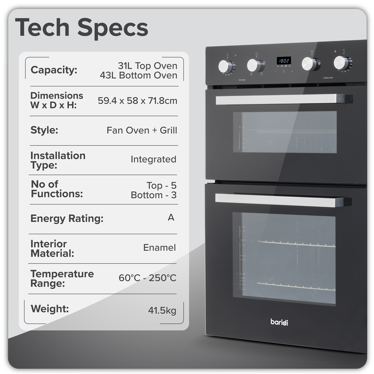 Baridi DH278 72cm Built-Under Double Oven, 74L Capacity, Energy Rating A - Black - additional view 7