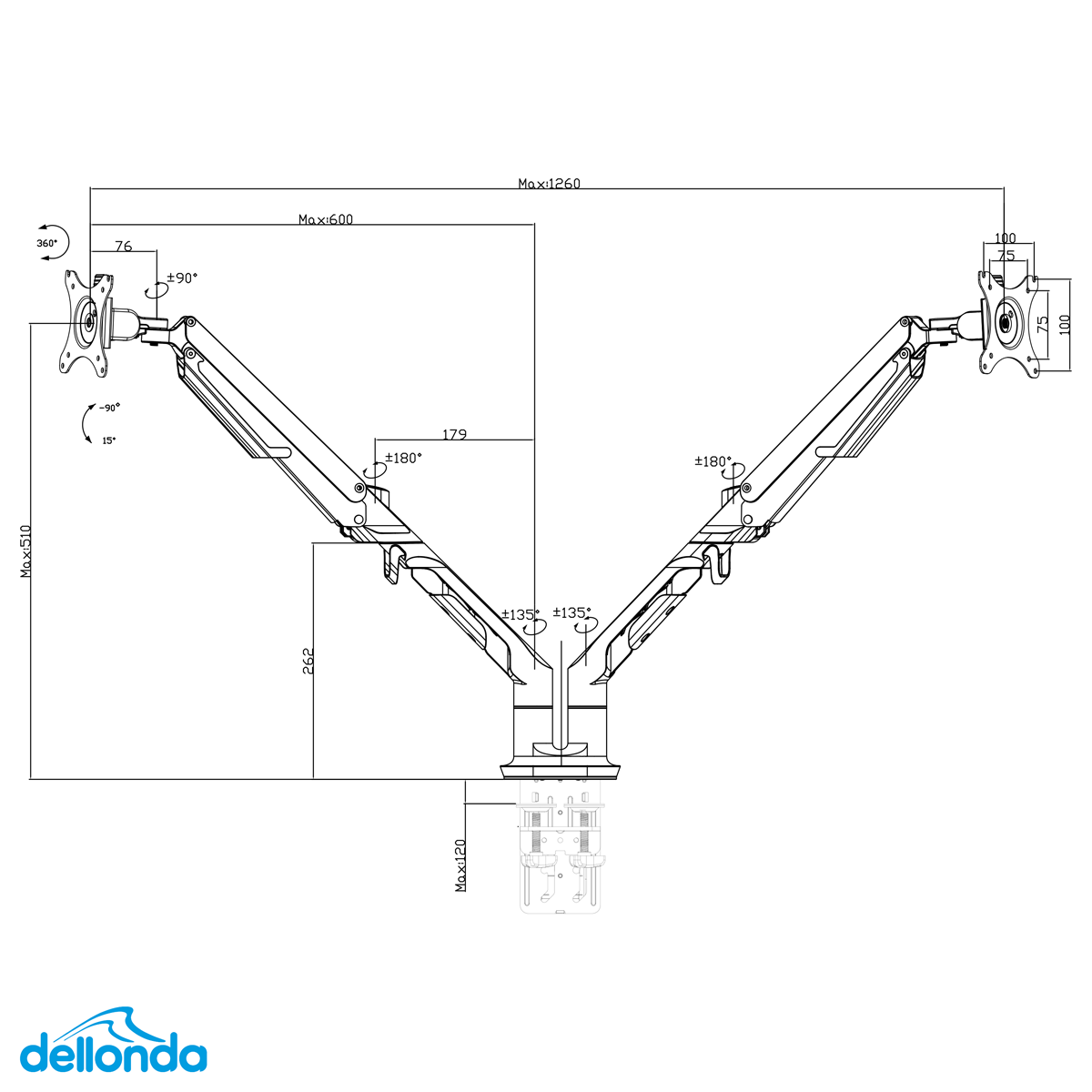 Dellonda DH27 Adjustable Double Monitor Arm with 360° Rotation - White - additional view 5