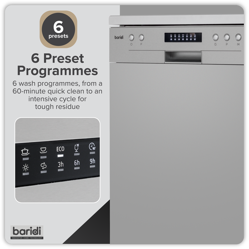 Baridi DH280 Regular Sized Freestanding Dishwasher 60cm Wide 13 Place Settings - Silver - additional view 2