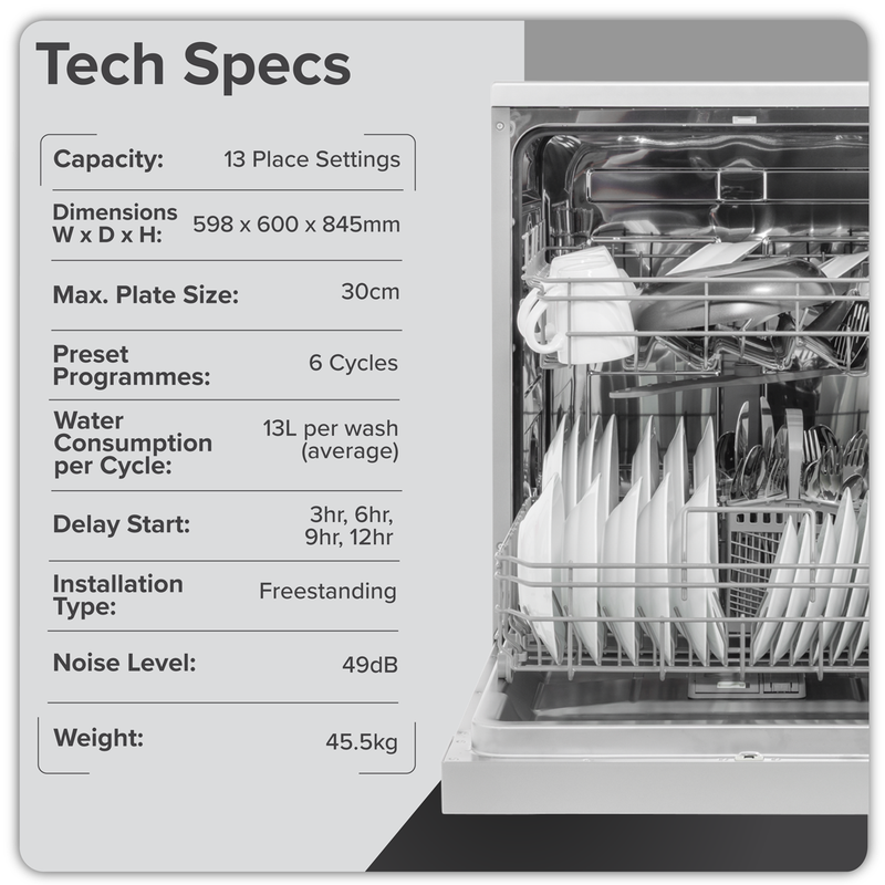 Baridi DH280 Regular Sized Freestanding Dishwasher 60cm Wide 13 Place Settings - Silver - additional view 6