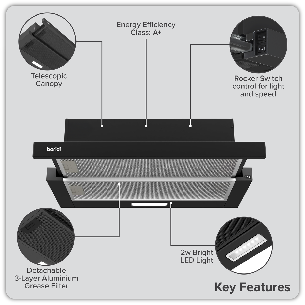Baridi DH287 Telescopic Cooker Hood with Aluminium Filters 60cm - Black - additional view 9