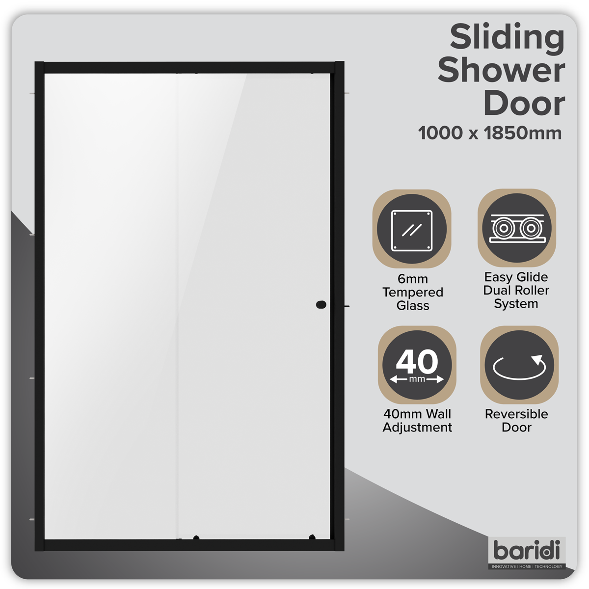 Baridi DH293 Sliding Shower Door 1000 x 1850mm, 6mm Tempered Glass, Reversible - Black - additional view 6