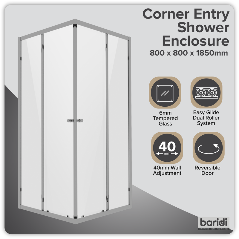 Baridi DH298 Corner Shower Entry Enclosure 800 x 800 x 1850mm with 6mm Tempered Glass - Chrome - additional view 3
