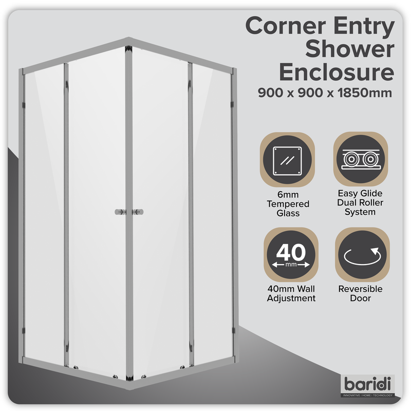 Baridi DH299 Corner Shower Entry Enclosure 900 x 900 x 1850mm with 6mm Tempered Glass - Chrome - additional view 3