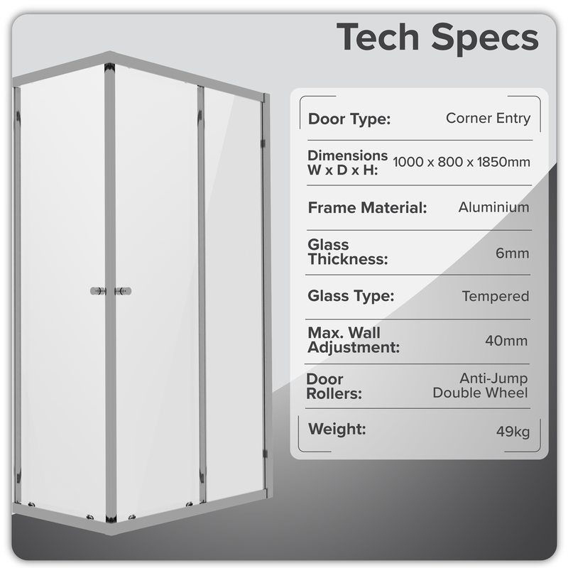 Baridi DH300 Corner Shower Entry Enclosure 1000 x 800 x 1850mm with 6mm Tempered Glass - Chrome - additional view 4
