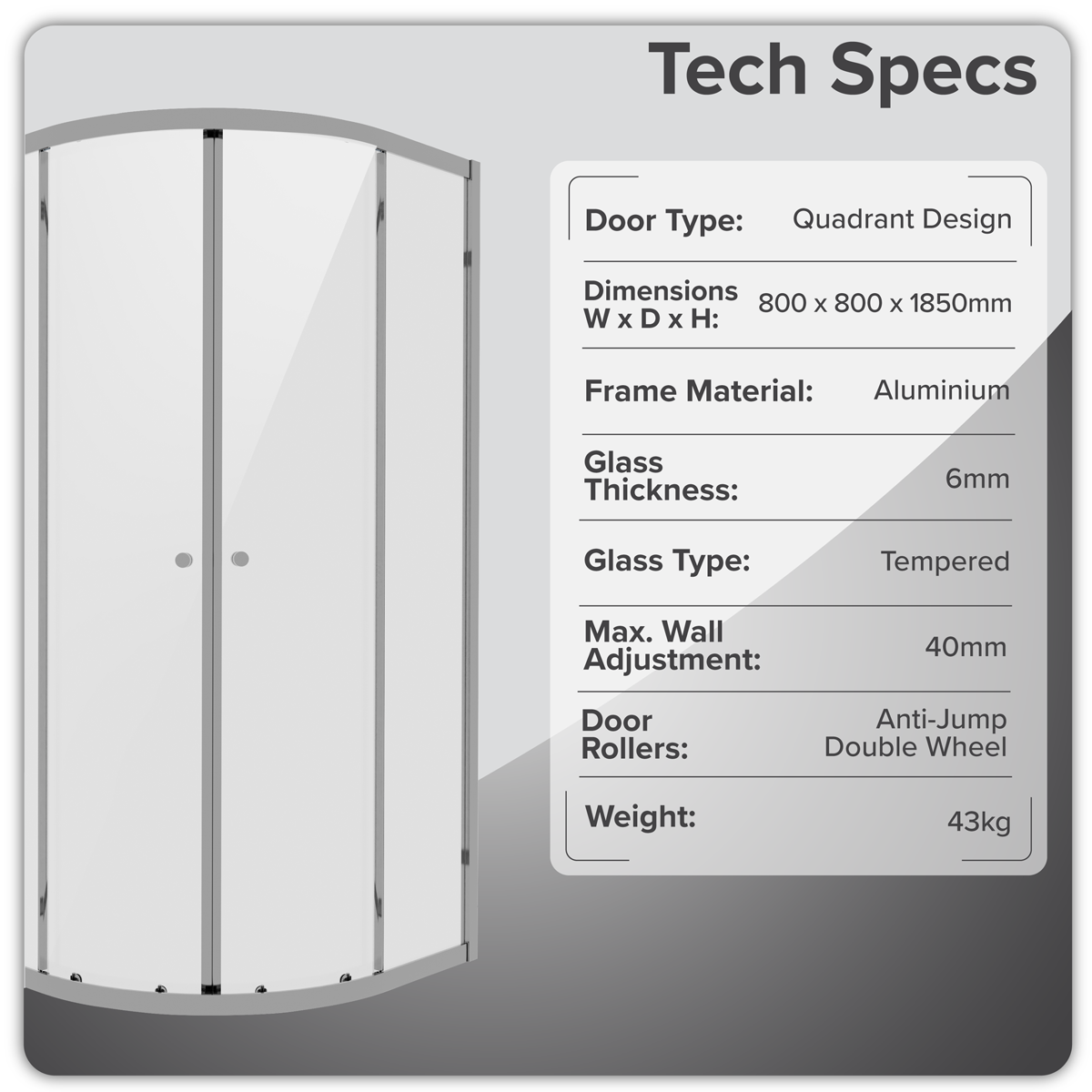 Baridi DH301 Quadrant Shower Entry Enclosure 800 x 800 x 1850mm with 6mm Tempered Glass - Chrome - additional view 6