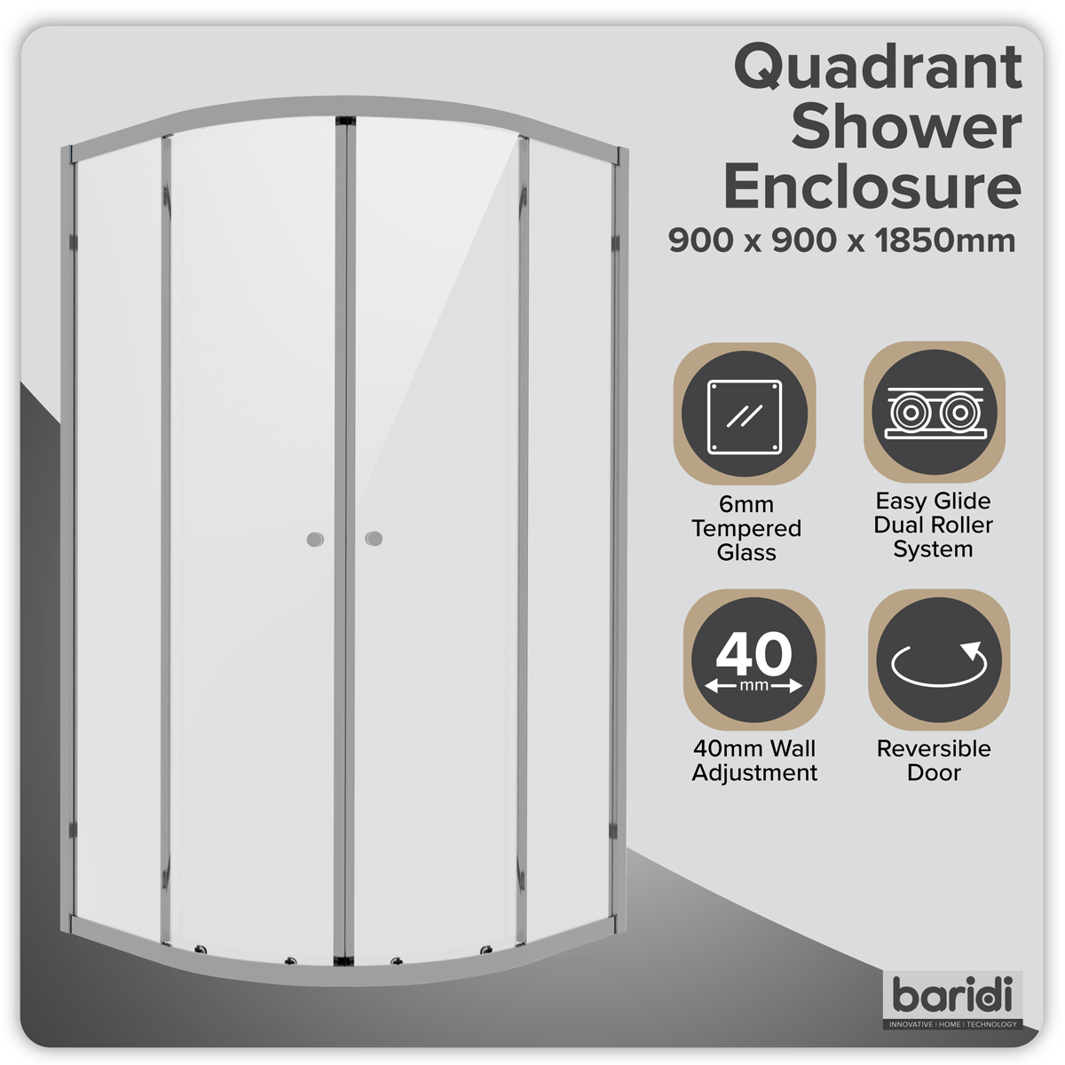 Baridi DH302 Quadrant Shower Entry Enclosure 900 x 900 x 1850mm with 6mm Tempered Glass - Chrome - additional view 7