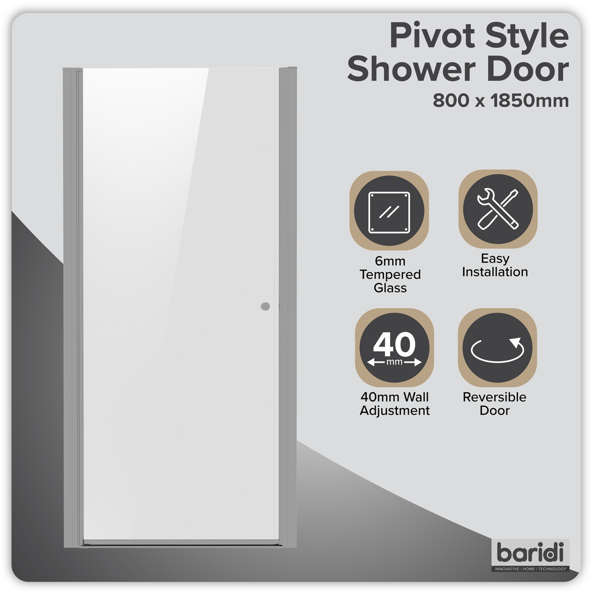 Baridi DH303 Pivot Shower Door 800 x 1850mm, 6mm Tempered Glass, Reversible - Chrome - additional view 9