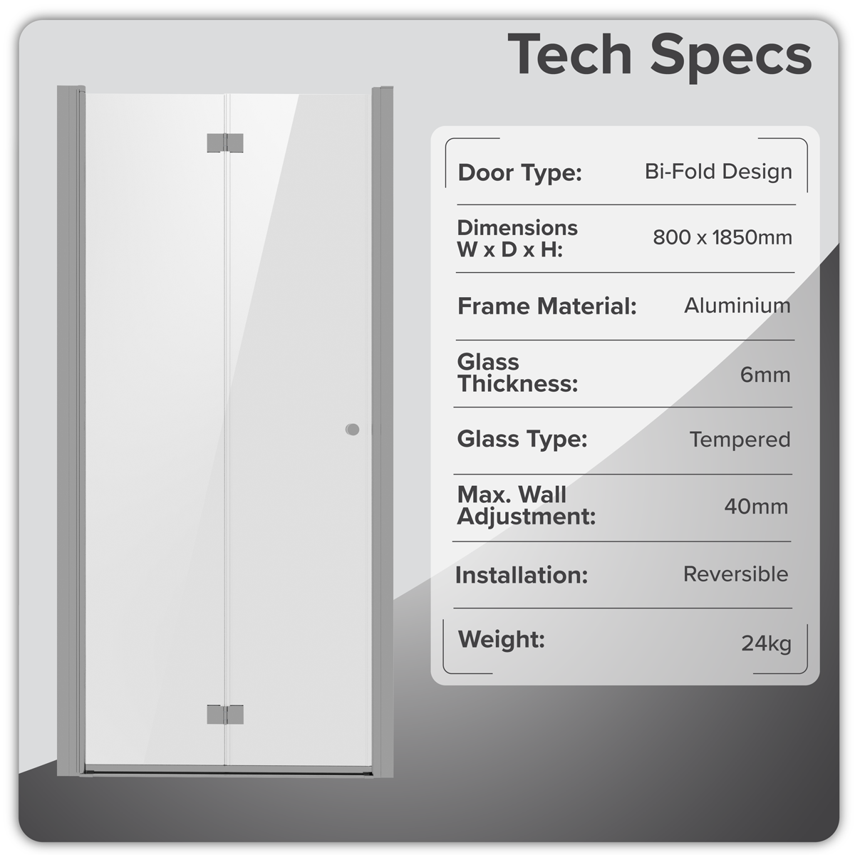 Baridi DH305 Bi-Fold Shower Door 800 x 1850mm, 6mm Tempered Glass, Reversible - Chrome - additional view 10