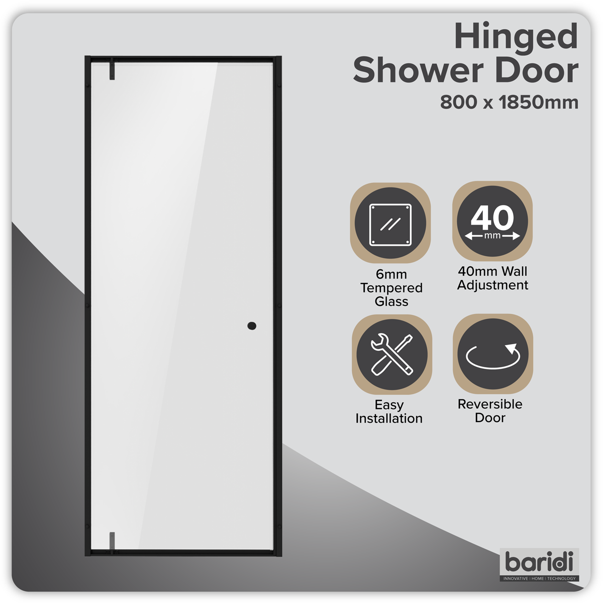 Baridi DH307 Hinged Shower Door 800 x 1850mm, 6mm Tempered Glass, Reversible - Black - additional view 8